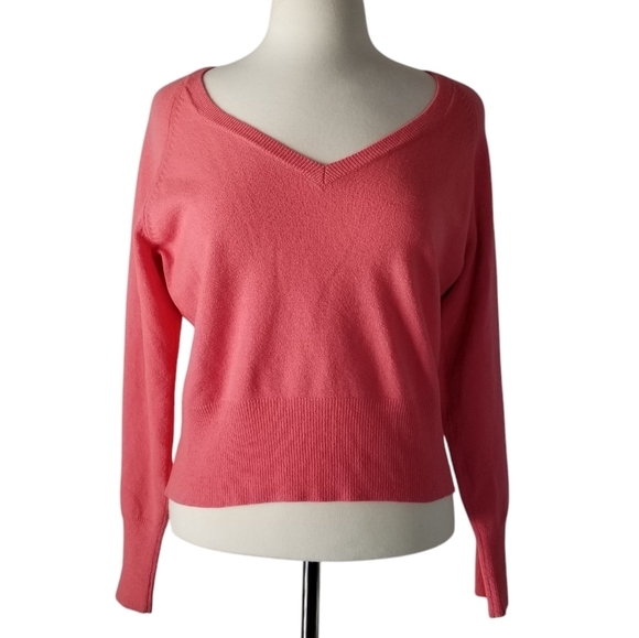 Banana Republic Fine Italian Merino Wool Coral Pink V Neck Sweater Sz L Stretch - Picture 1 of 9
